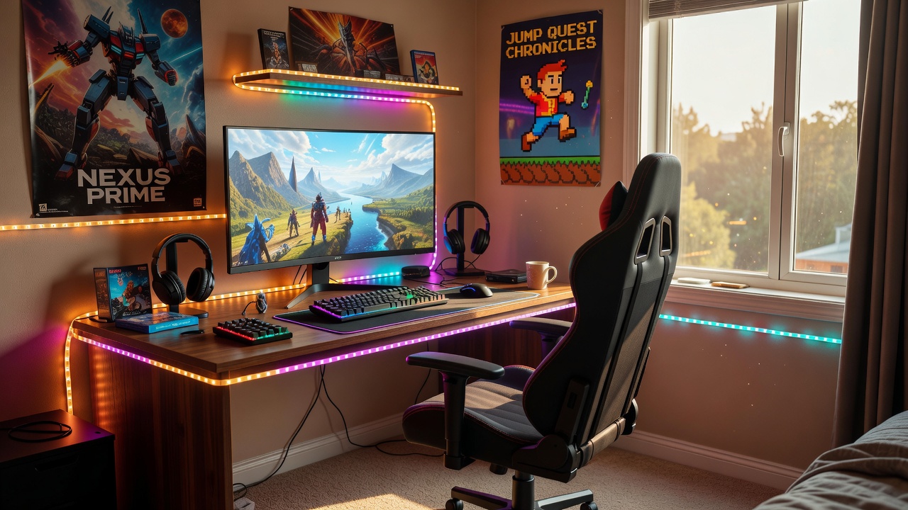 A cozy bedroom gaming setup where regame reviewers test titles