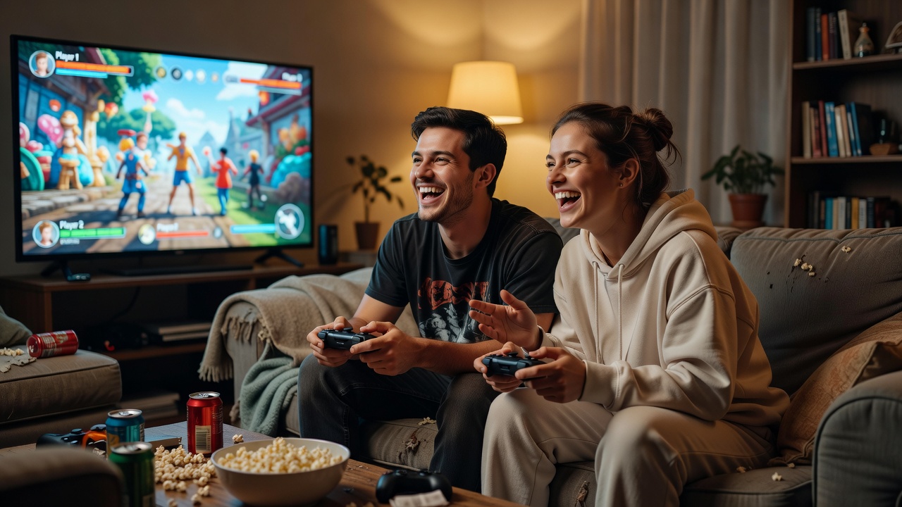 Friends playing a co-op game together on a couch