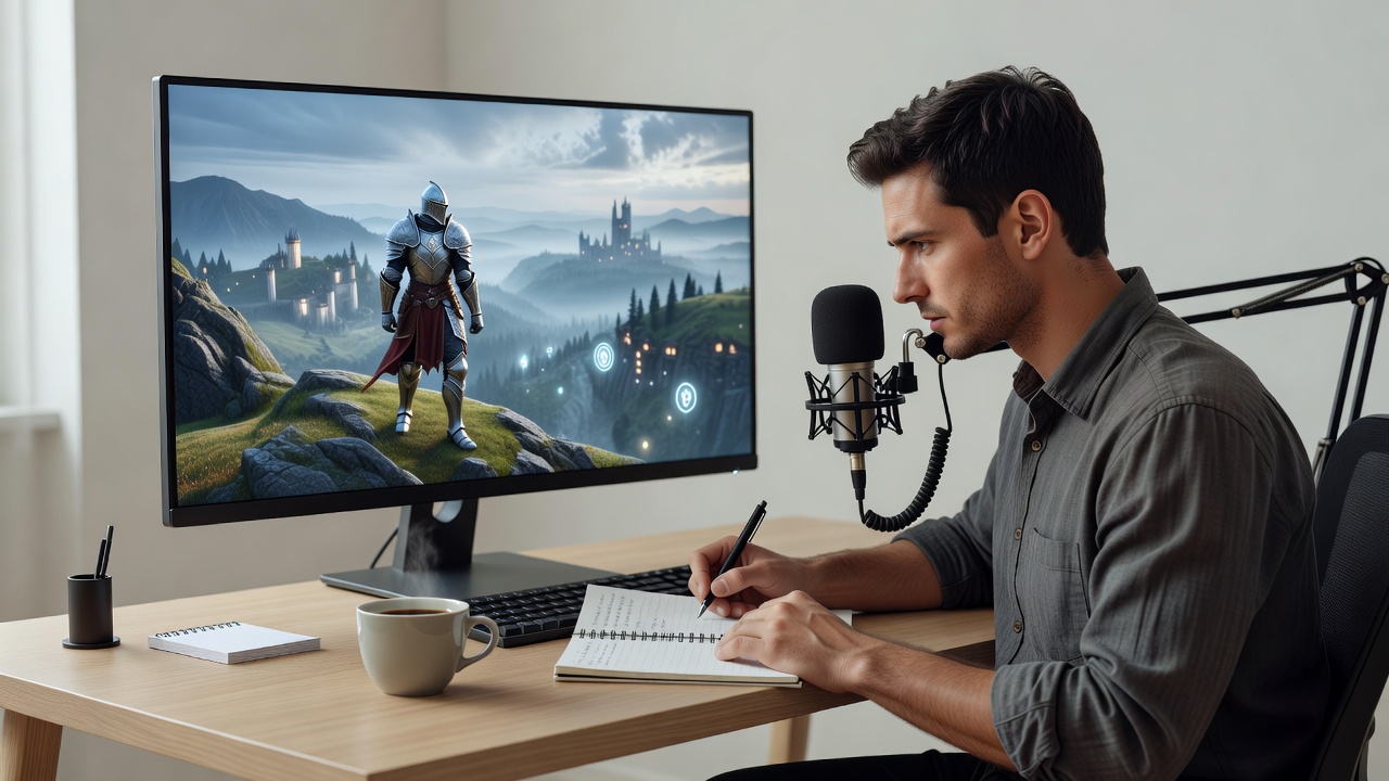 A regame editor writing notes while reviewing a game