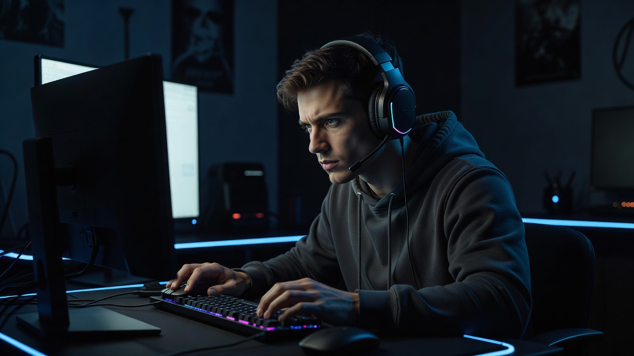 A gamer wearing headphones, focused on a late-night session
