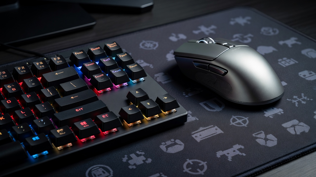 Close-up of a mechanical gaming keyboard and mouse used for PC testing