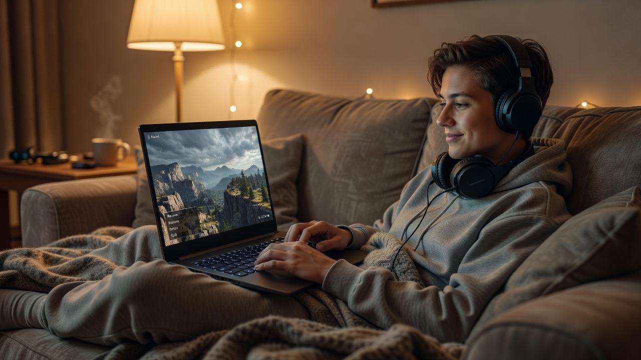 A gaming laptop running a benchmark pass on a couch