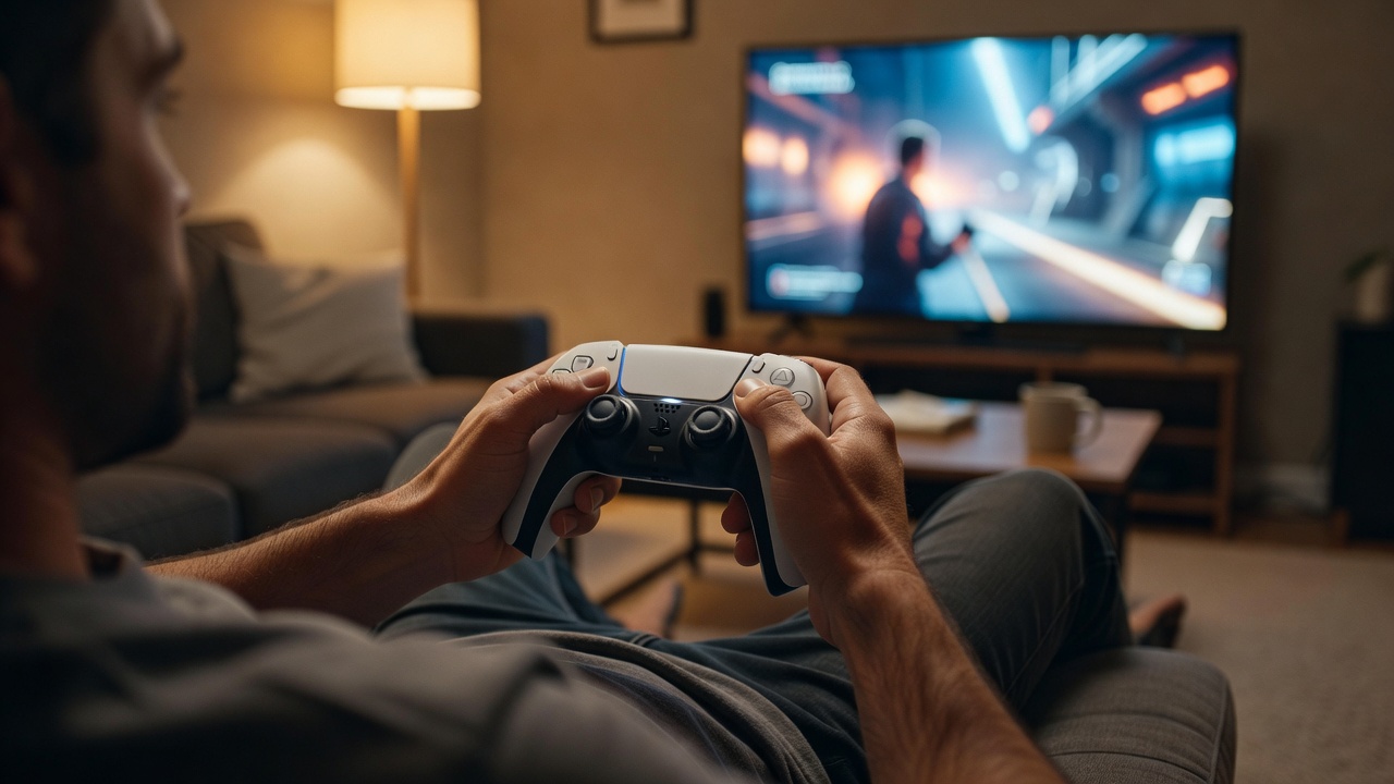 Hands holding a PS5 controller during a review session