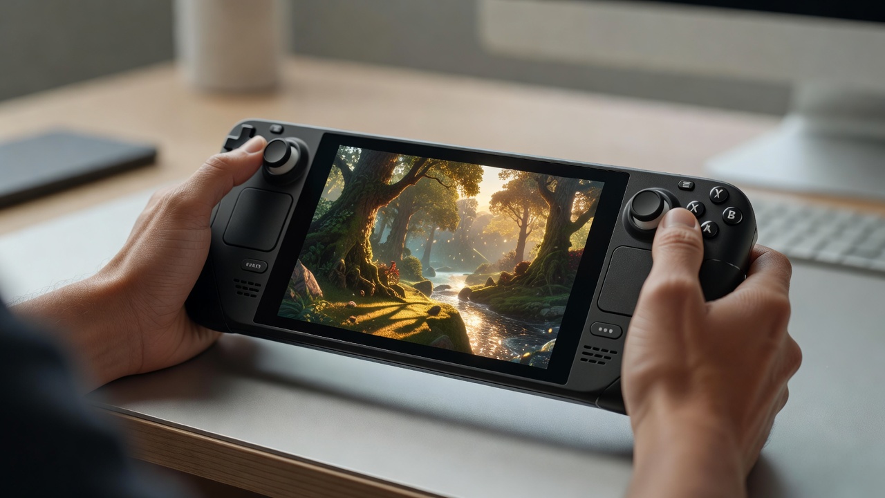 Hands holding a Steam Deck portable PC during a compatibility check