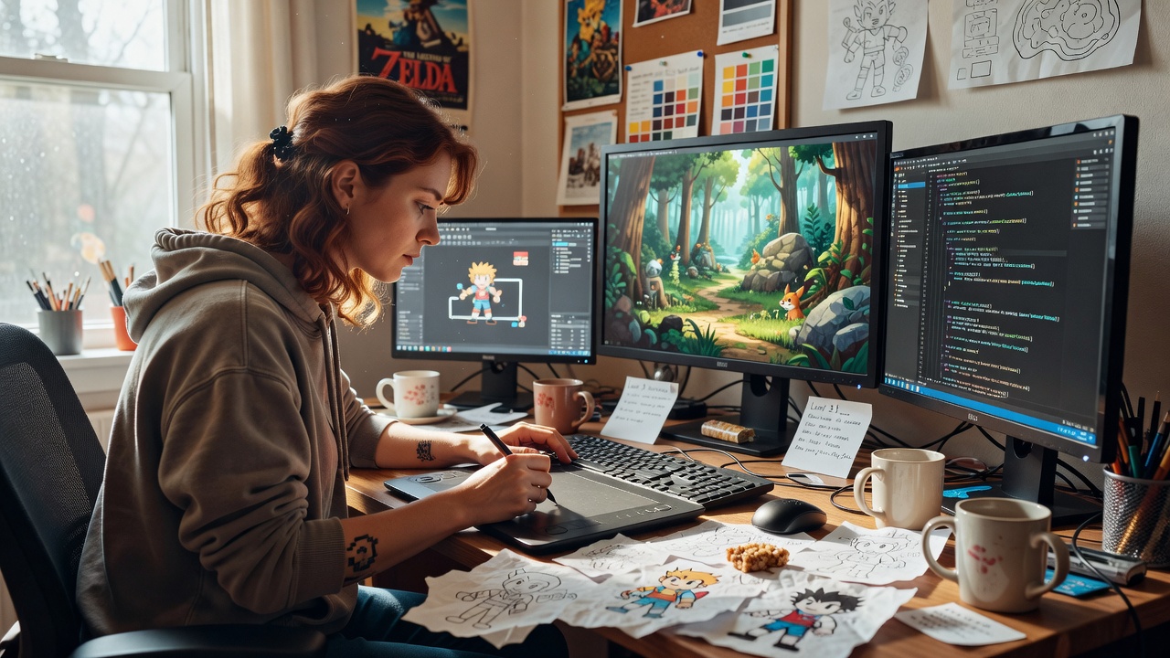 An indie game developer working at their desk
