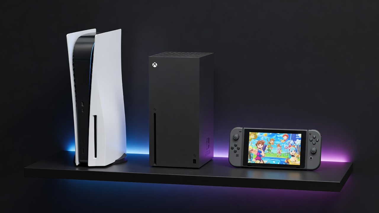 A collection of modern gaming consoles and hardware