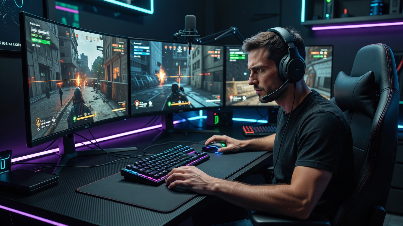 Professional gamer working across a multi-monitor setup at the regame office