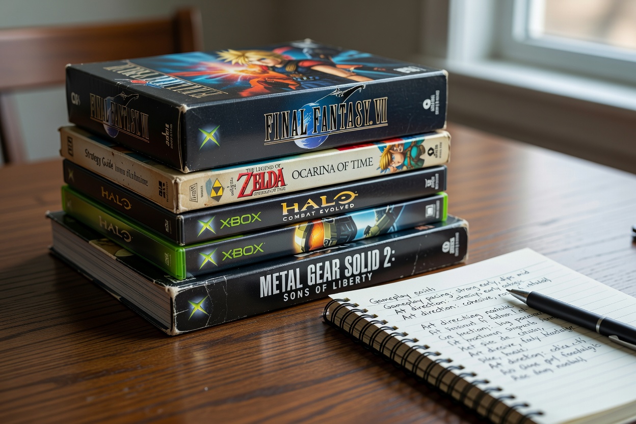 Stack of physical game boxes and strategy guides used for reviews