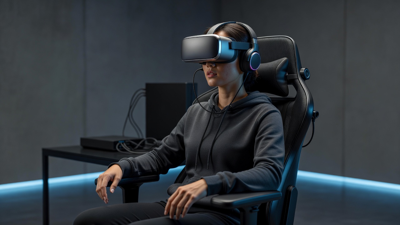 A woman wearing a VR headset and playing an immersive game